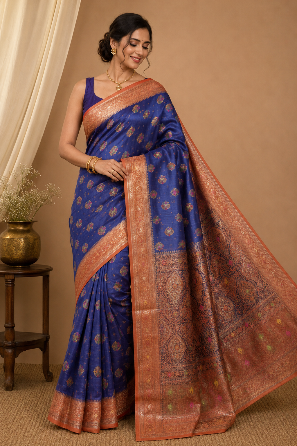 Pure Muga Tussar Silk Saree – Royal Blue with Antique Zari Floral Pallu