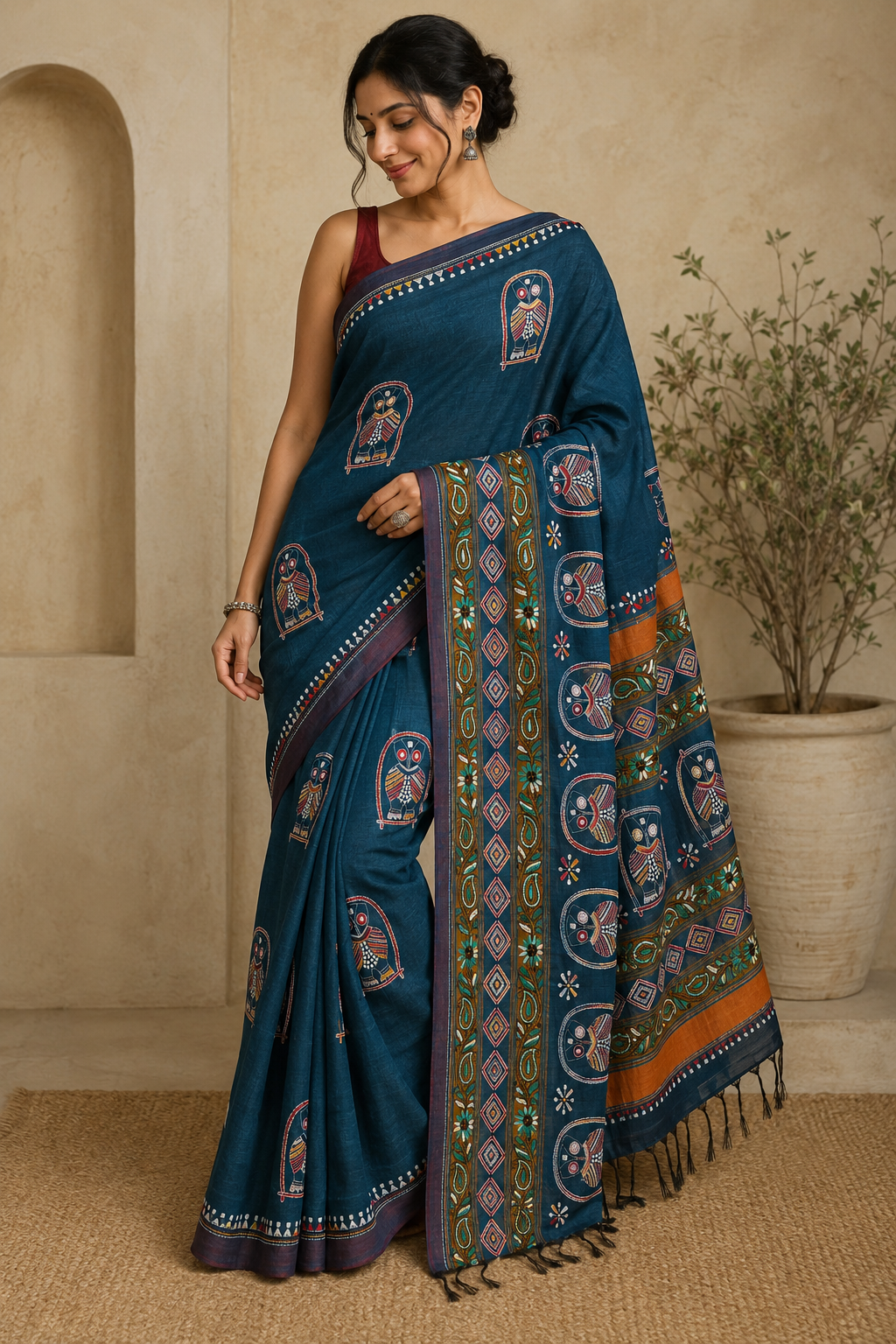 Pure Khadi Cotton Hand Kantha Saree – Deep Teal Blue with Owl Motifs & Hand Kantha Embroidery