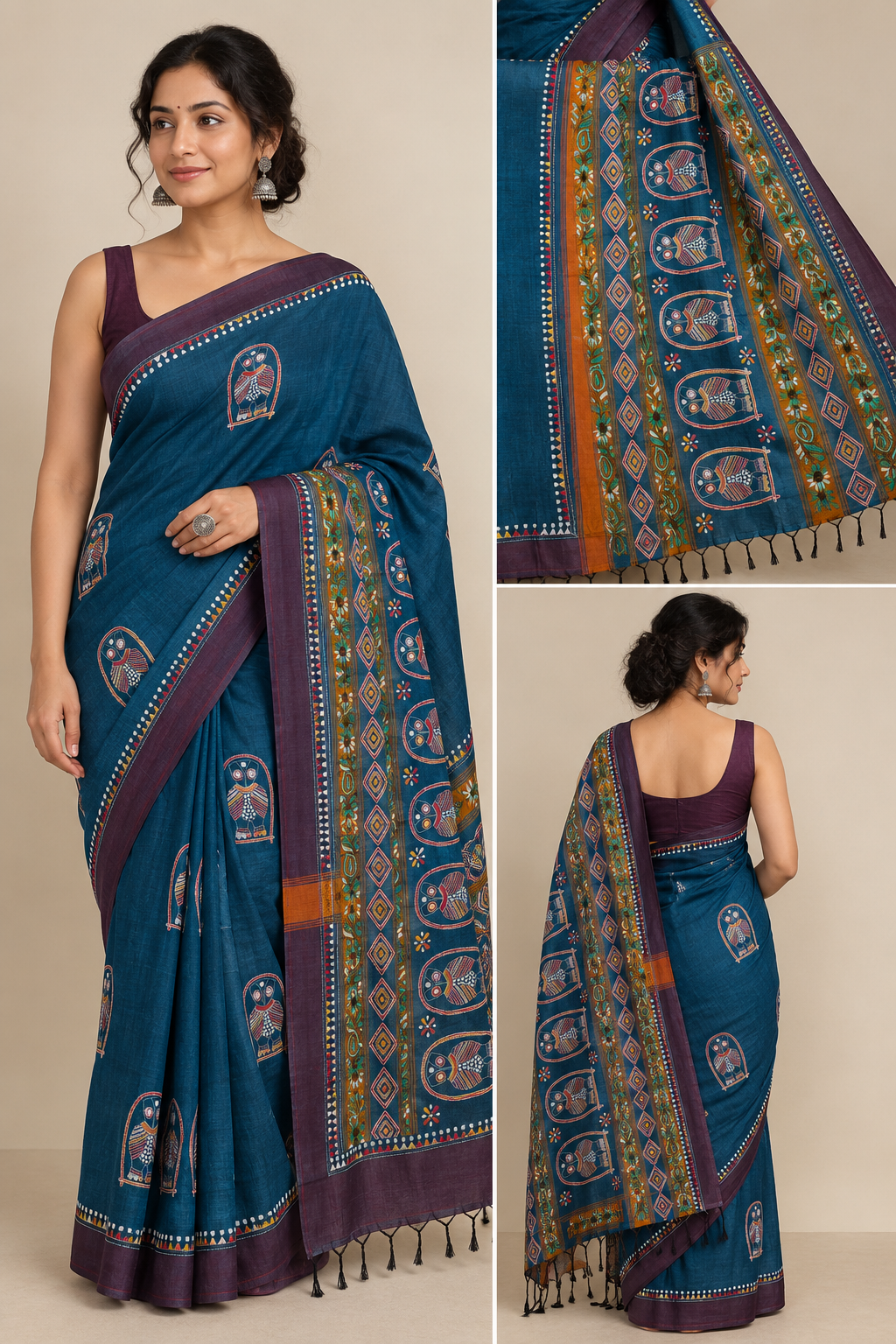 Pure Khadi Cotton Hand Kantha Saree – Deep Teal Blue with Owl Motifs & Hand Kantha Embroidery