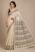 Pure Desi Tussar Silk Hand Kantha Saree – Natural Ivory with Multicolour Kantha Embroidery
