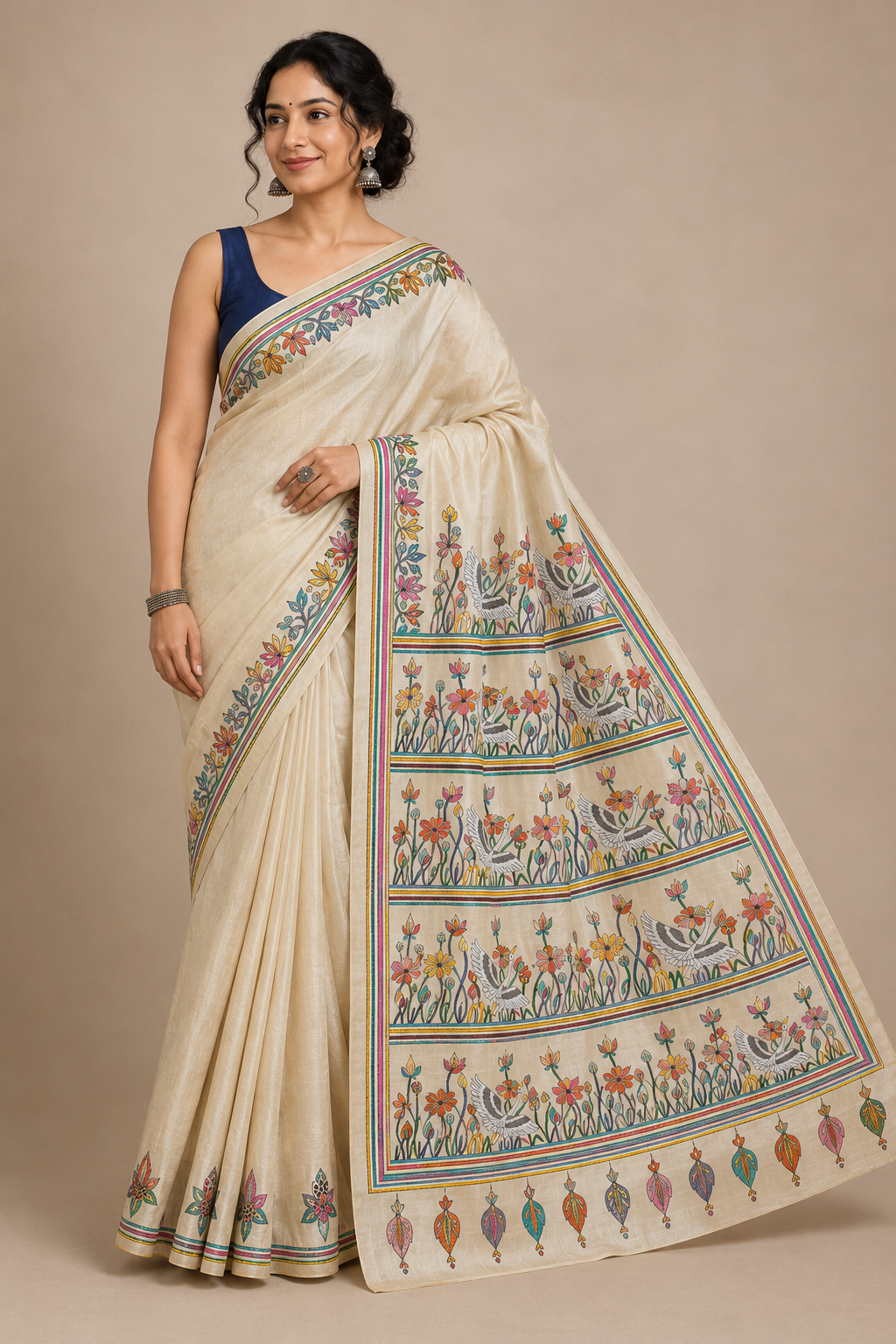 Pure Desi Tussar Silk Hand Kantha Saree – Natural Ivory with Multicolour Kantha Embroidery