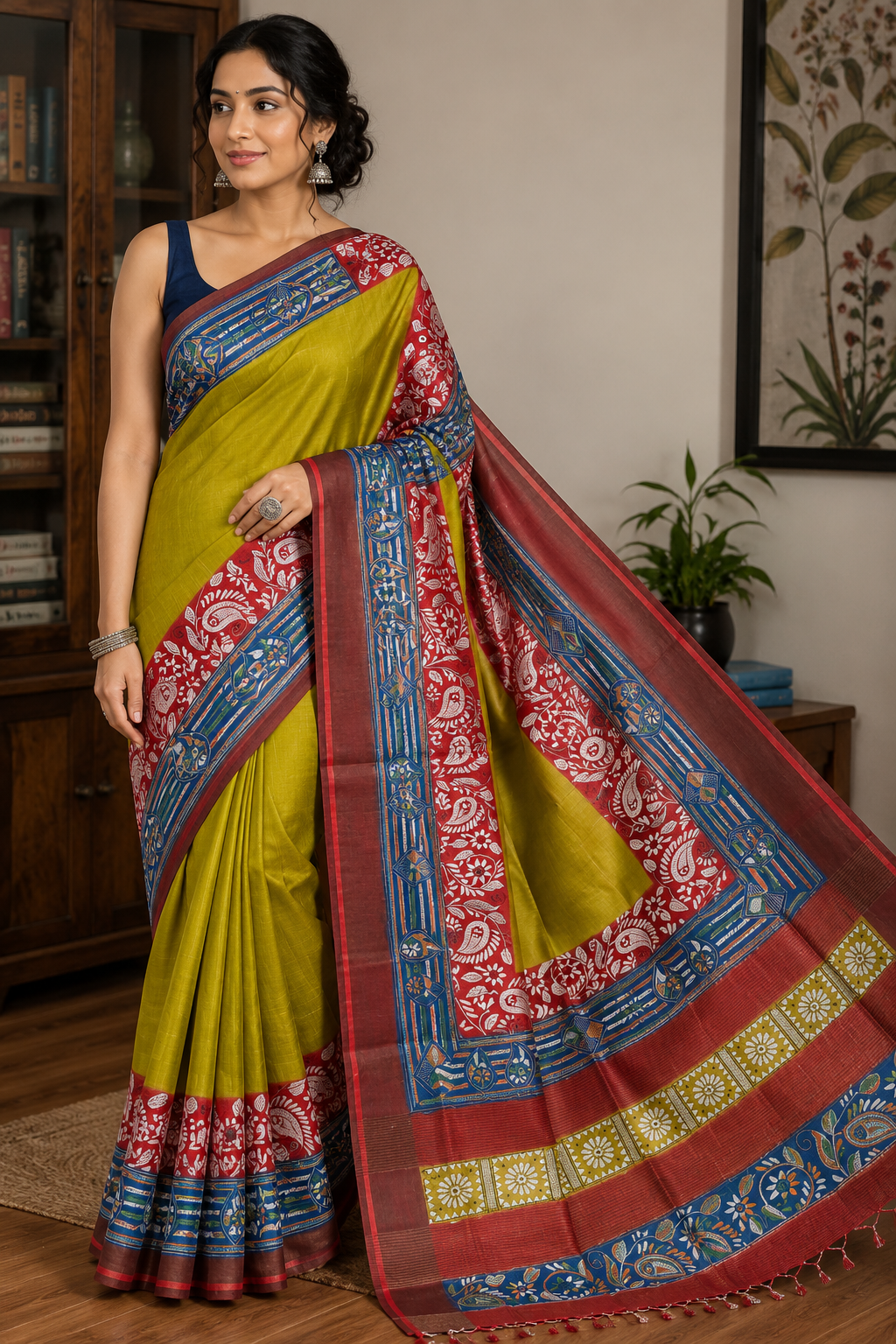 Pure Desi Tussar Silk Kantha Dye Saree – Mustard Yellow