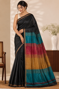 Pure Katan Silk Saree with Inch Border – Classic Black with Contrast Multicolour Pallu