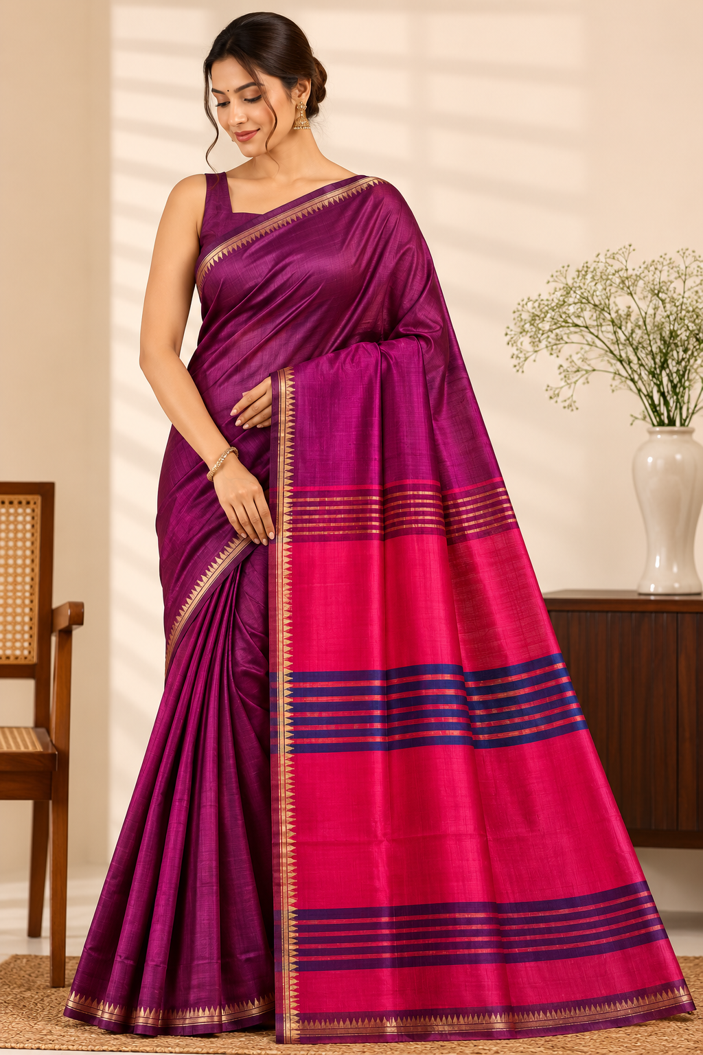 Pure Katan Silk Saree with Inch Border – Royal Magenta with Contrast Purple