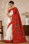 Mal Cotton Kantha Saree – Ivory White with Vermilion Red Kantha Border & Folk Art Pallu