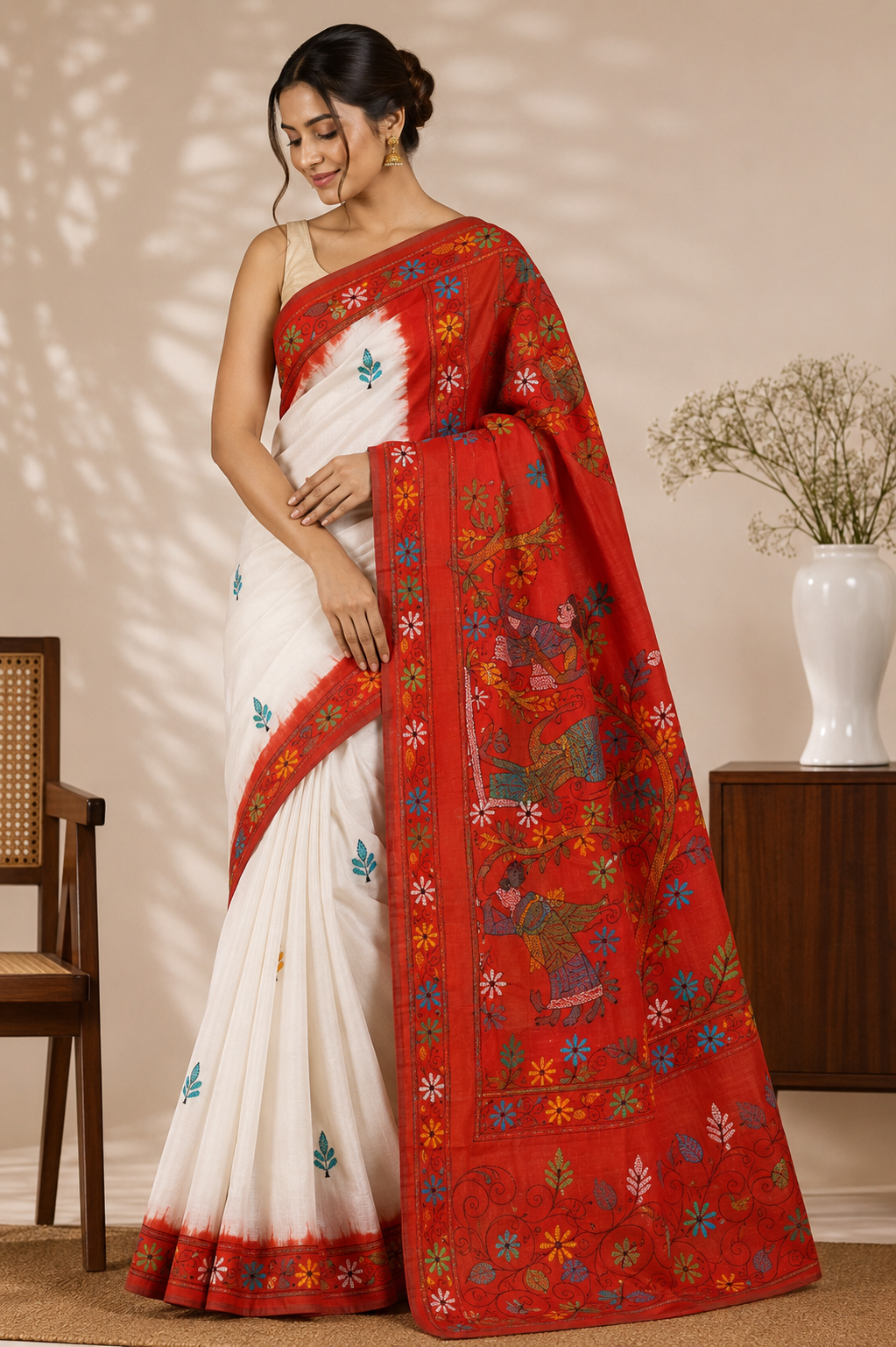 Mal Cotton Kantha Saree – Ivory White with Vermilion Red Kantha Border & Folk Art Pallu