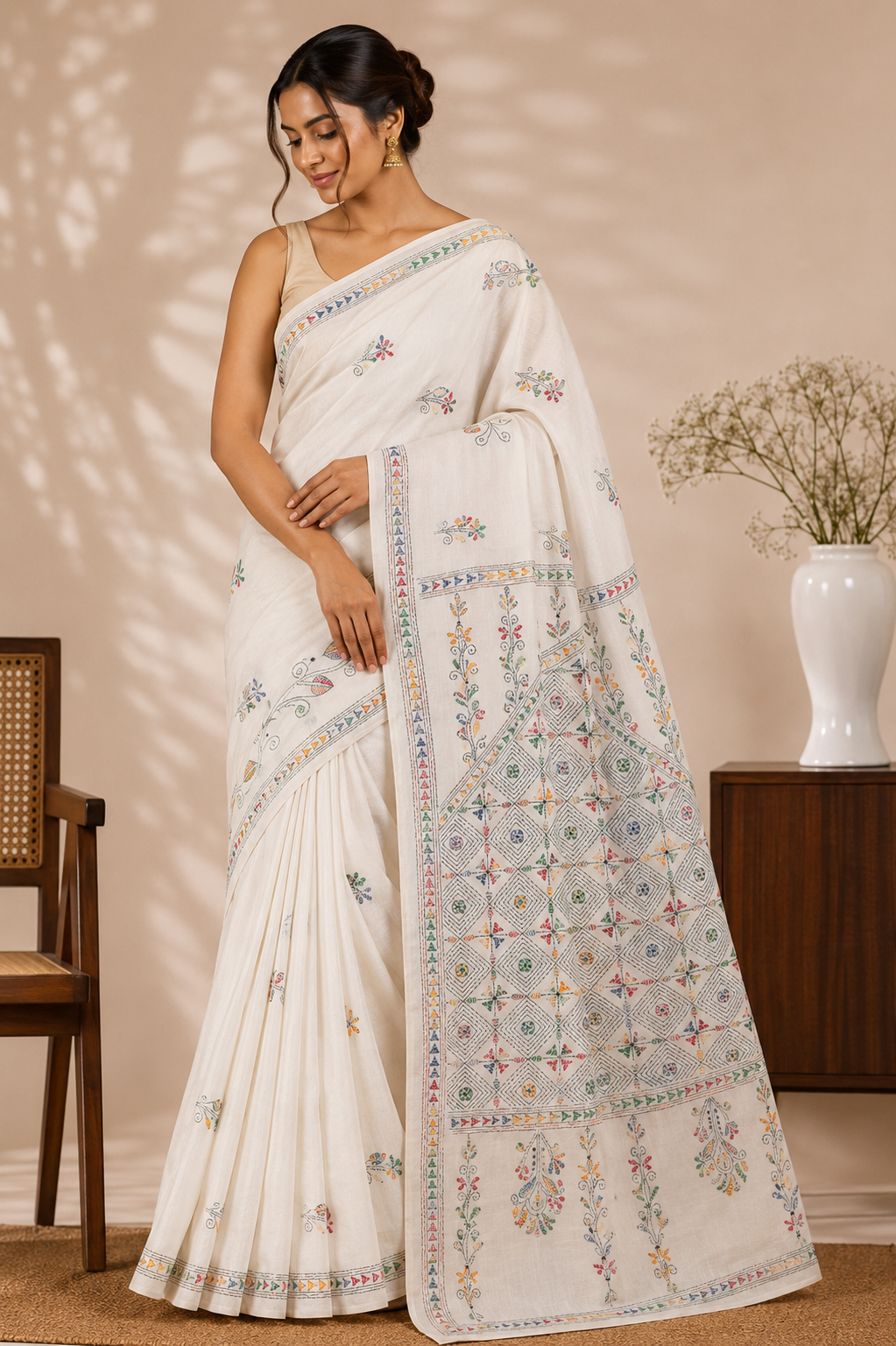 Pure Khadi Cotton Kantha Saree – Ivory White with Multicolour Hand Kantha Embroidery