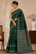 Pure Cotton Khesh Kantha Saree – Emerald Green with Hand Kantha Embroidery