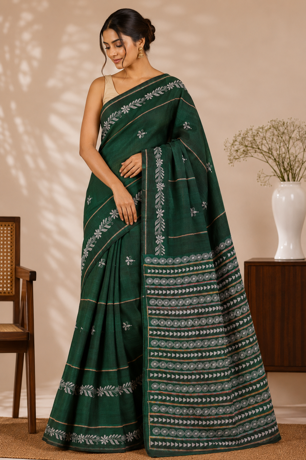 Pure Cotton Khesh Kantha Saree – Emerald Green with Hand Kantha Embroidery