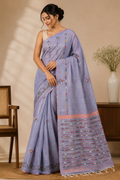 Pure Cotton Khesh Kantha Saree – Smoky Lavender Grey with Hand Kantha Embroidery
