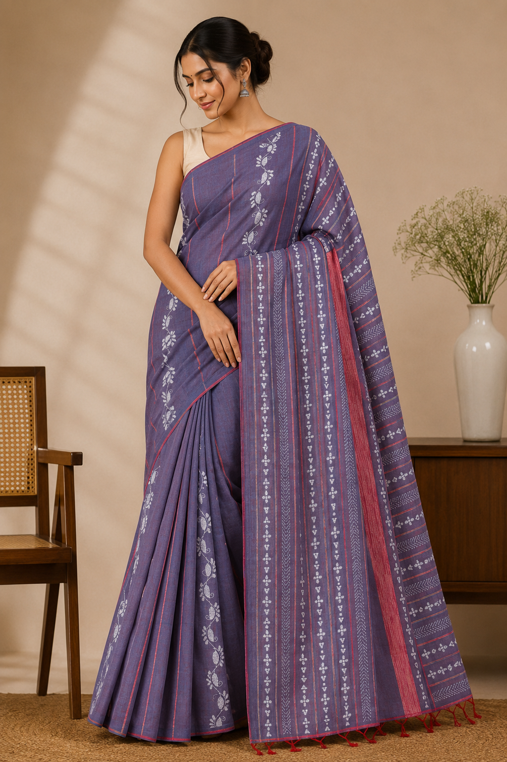 Pure Cotton Khesh Kantha Saree – Deep Indigo Blue with Hand Kantha Embroidery