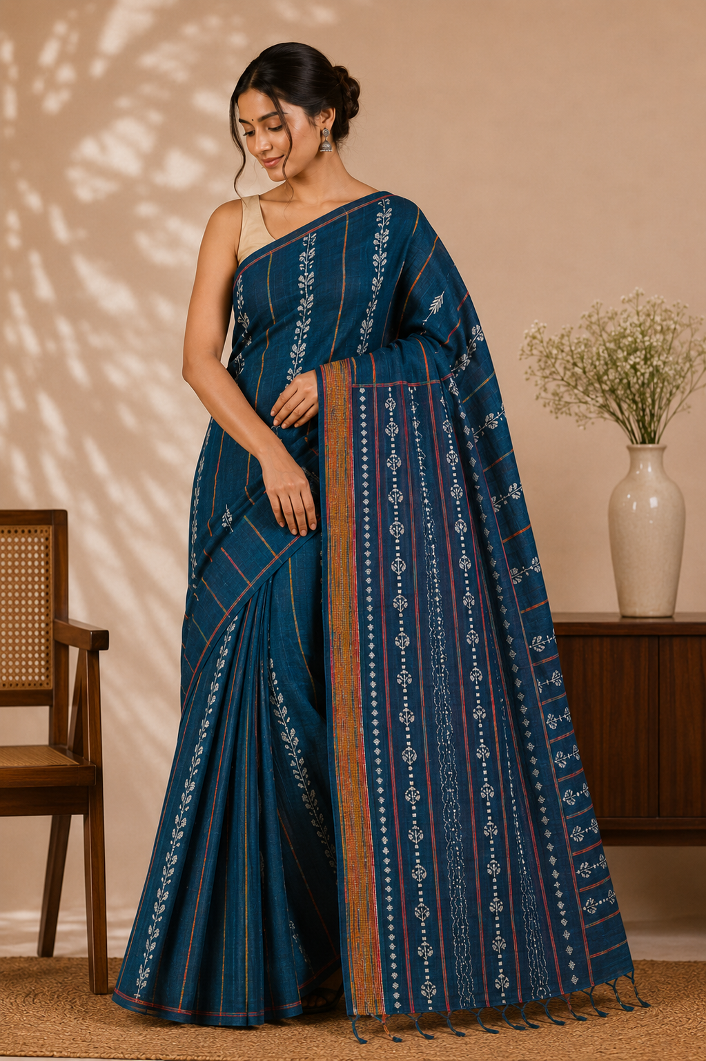 Pure Cotton Khesh Kantha Saree – Teal Blue with Hand Kantha Embroidery