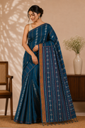 Pure Cotton Khesh Kantha Saree – Teal Blue with Hand Kantha Embroidery