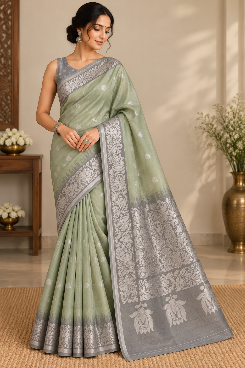 Sage Green Pure Tussar Jamdani Silk Saree