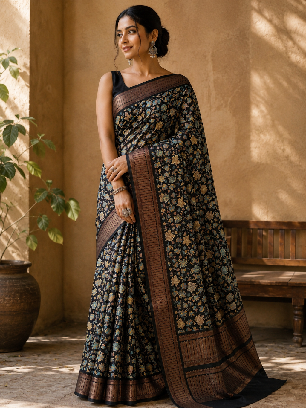 Chanderi Cotton Silk Screen Print Saree with Zari Border - Black