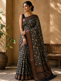 Chanderi Cotton Silk Screen Print Saree with Zari Border - Black