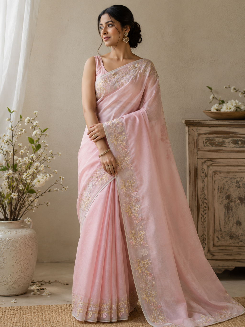 Mal Cotton Saree with Kora Embroidery Border - Blush Pink