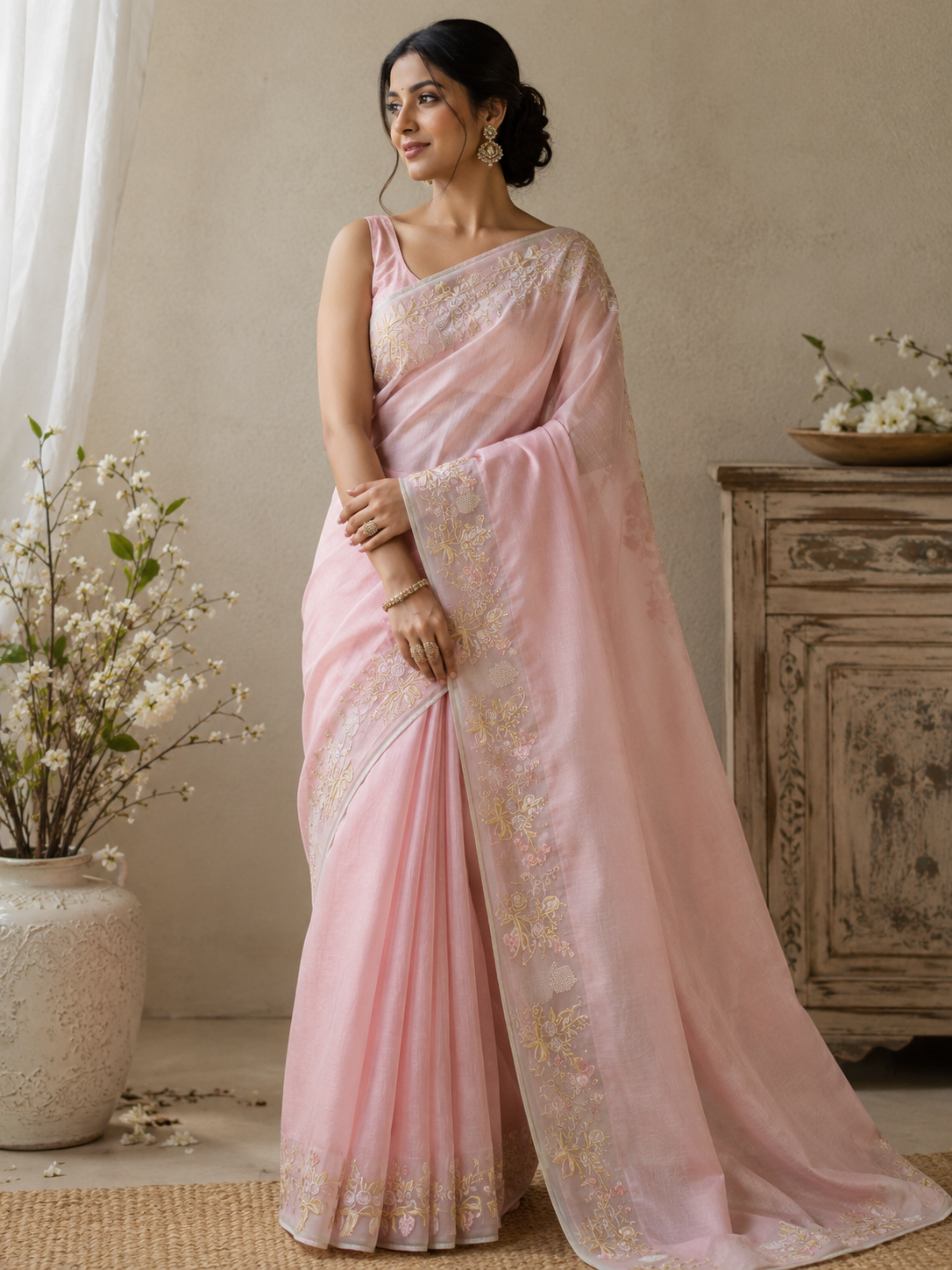 Mal Cotton Saree with Kora Embroidery Border - Blush Pink
