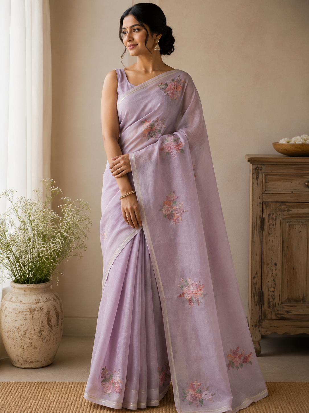 Mal Cotton Embroidered Saree - Soft Lilac