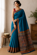 Tussar Silk Digital Print Saree - Teal Blue with Multicolour Printed Borders