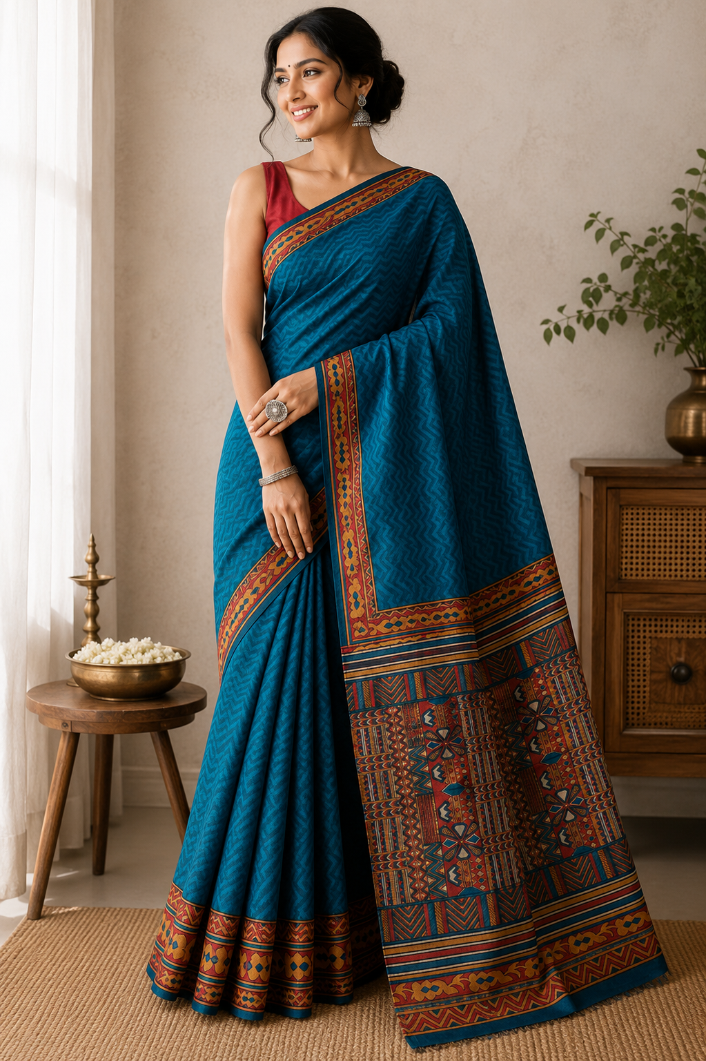Tussar Silk Digital Print Saree - Teal Blue with Multicolour Printed Borders