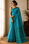 Tussar Silk Saree with Kotki Weave - Aqua Turquoise with Deep Green Contrast