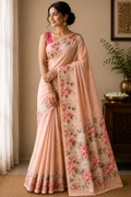 Chanderi Silk Cotton Saree with Golden Zari Buti – Blush Peach