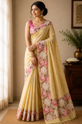 Chanderi Silk Cotton Saree with Golden Zari Buti – Butter Yellow Floral Elegance