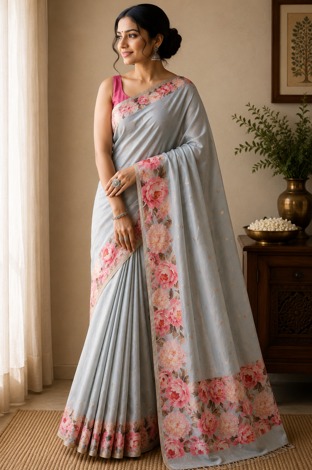 Chanderi Silk Cotton Saree with Golden Zari Buti – Powder Blue Floral Bliss
