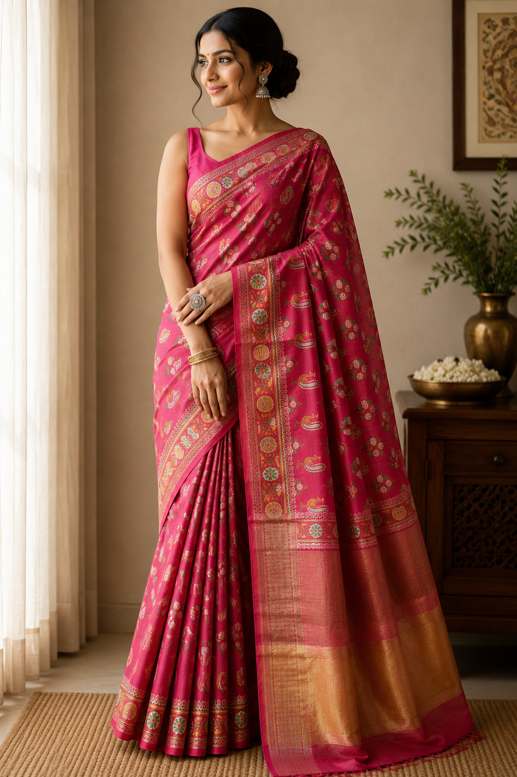Chanderi Cotton Silk Screen Print Saree with Zari Border - Rani Pink