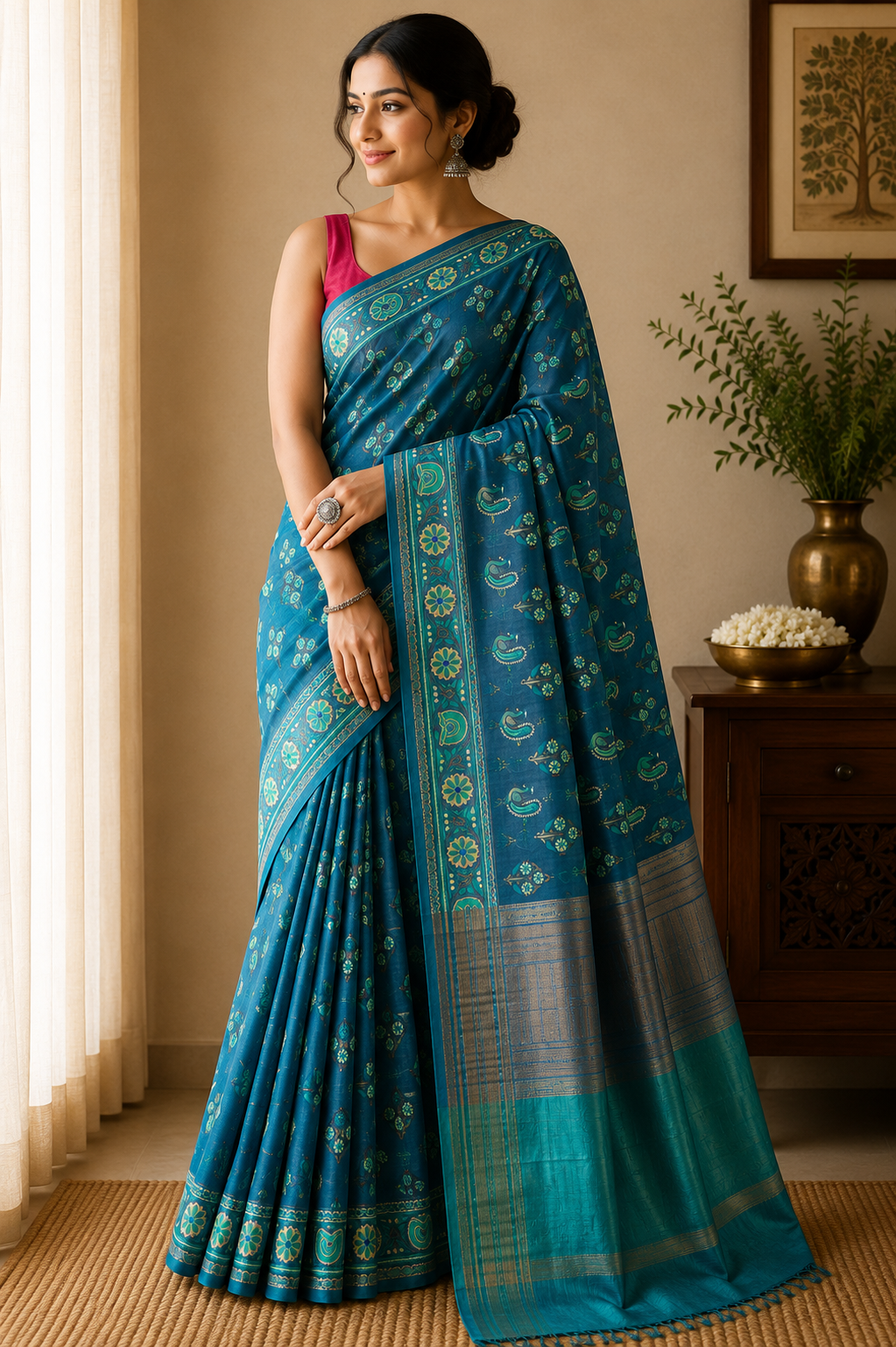 Chanderi Cotton Silk Screen Print Saree with Zari Border - Teal Blue