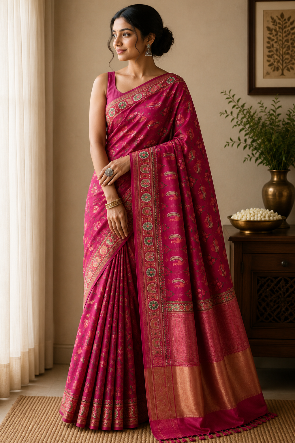 Chanderi Cotton Silk Screen Print Saree with Zari Border - Coral Red
