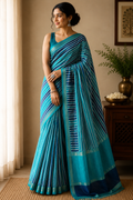 Chanderi Cotton Silk Leheriya Saree with Gold Zari Border - Teal Blue & Navy Blue