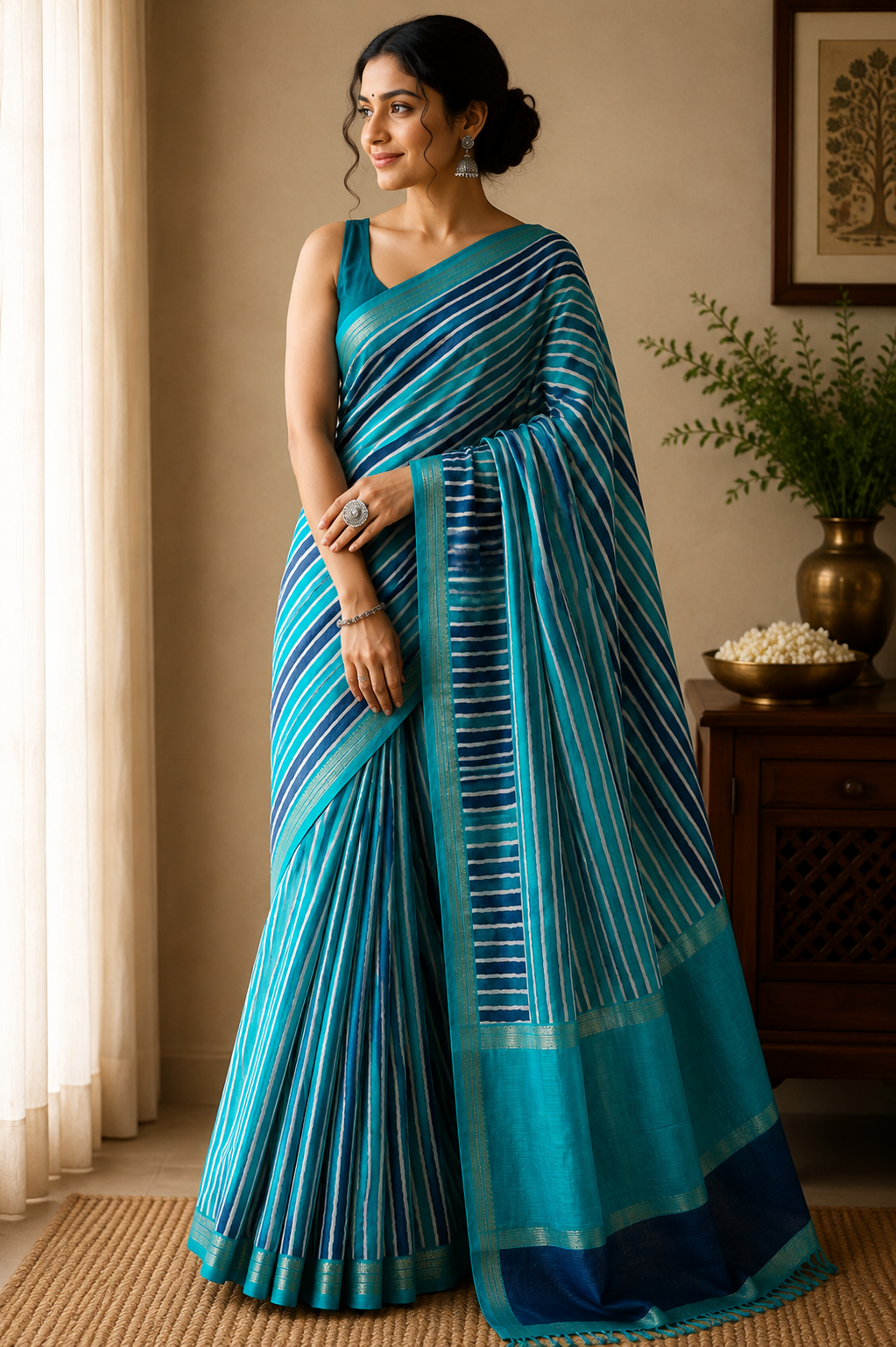 Chanderi Cotton Silk Leheriya Saree with Gold Zari Border - Teal Blue & Navy Blue