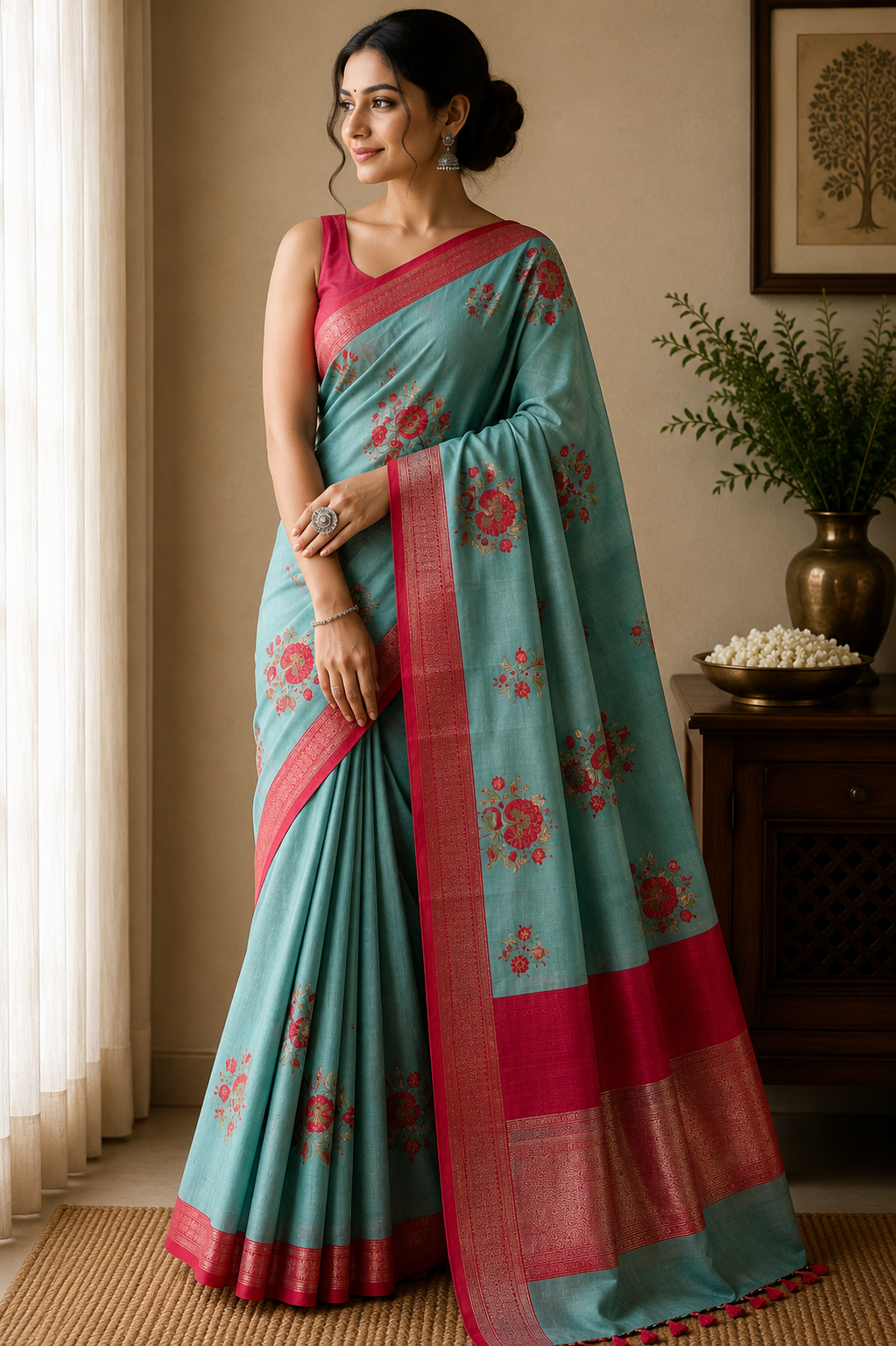Chanderi Cotton Silk Screen Print Saree with Zari Border - Sea Green