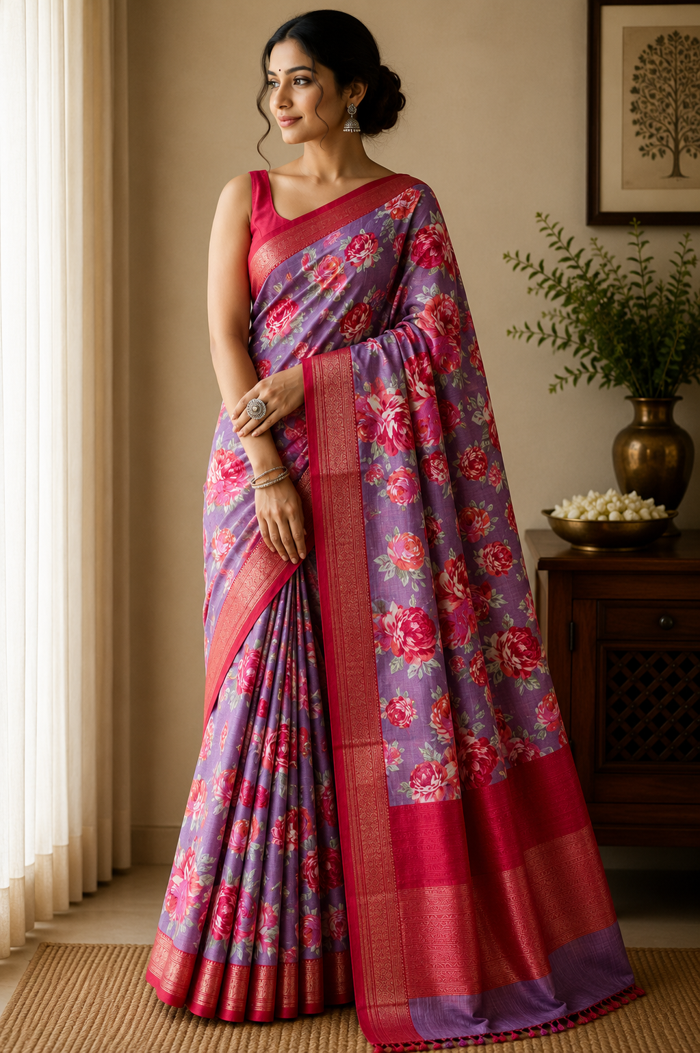 Chanderi Cotton Silk Screen Print Saree with Zari Border - Lavender Purple with Crimson Red Accents