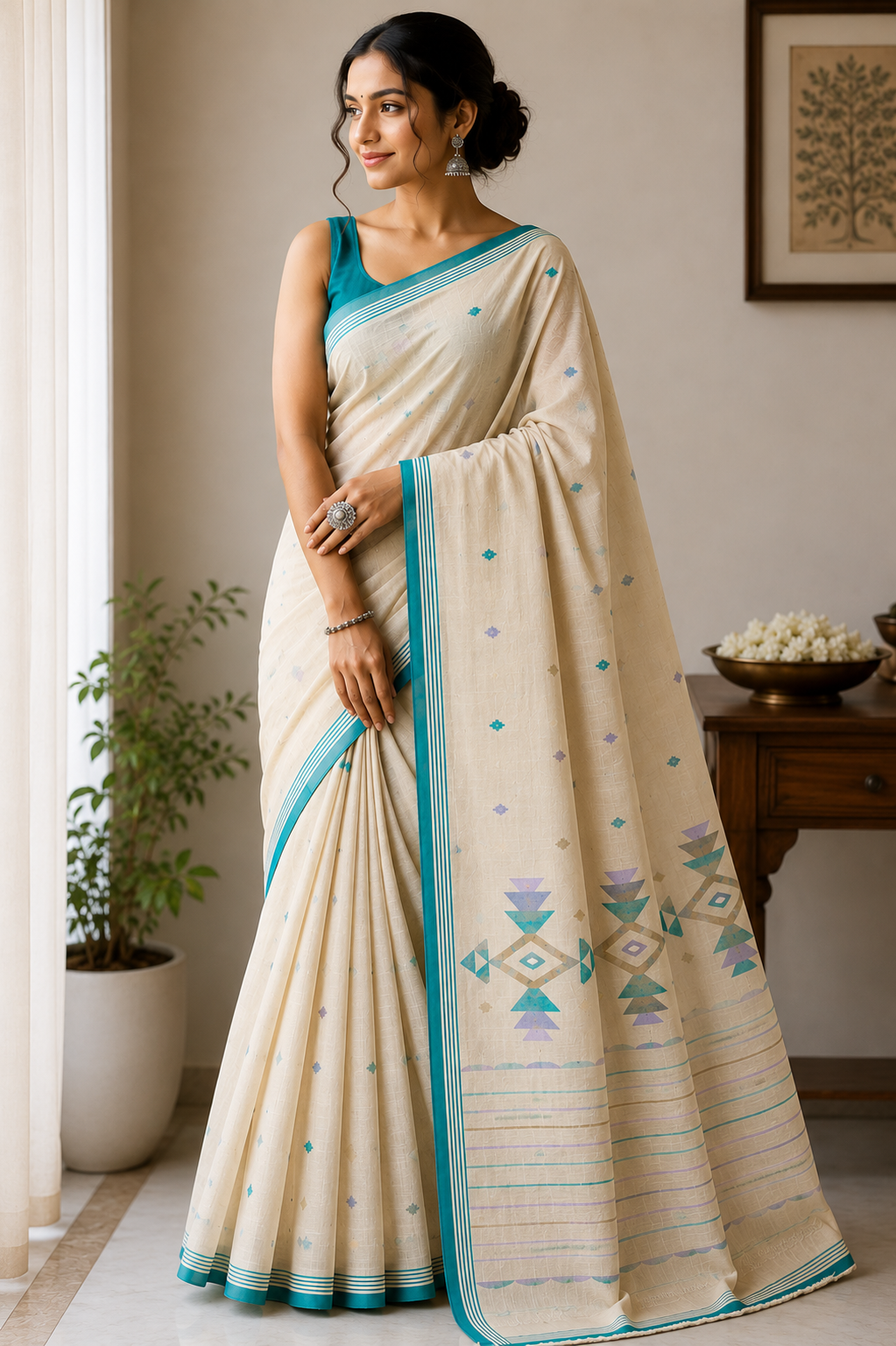 Cotton Jamdani Saree - Natural Beige with Teal Border