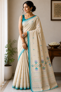 Cotton Jamdani Saree - Natural Beige with Teal Border