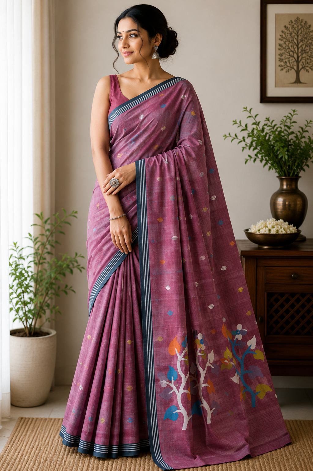 Cotton Jamdani Saree - Wine Mauve