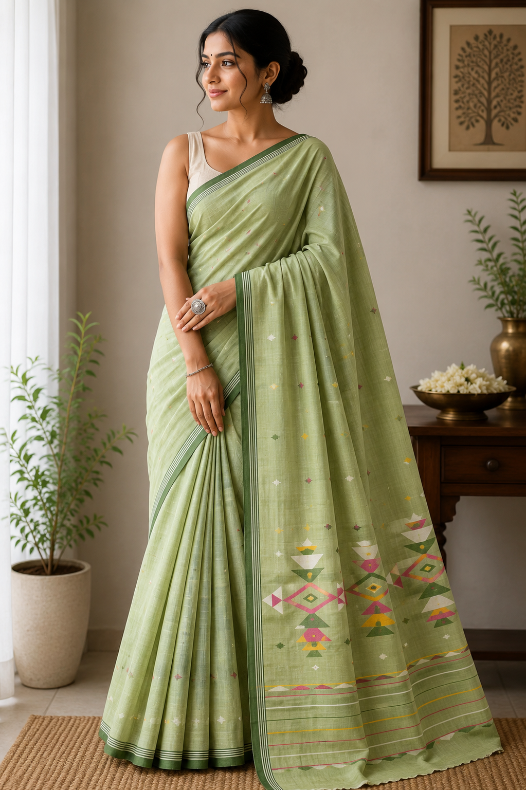 Cotton Jamdani Saree - Pastel Pistachio Green