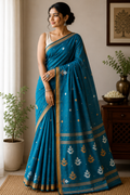 Cotton Khadi Saree - Teal Blue