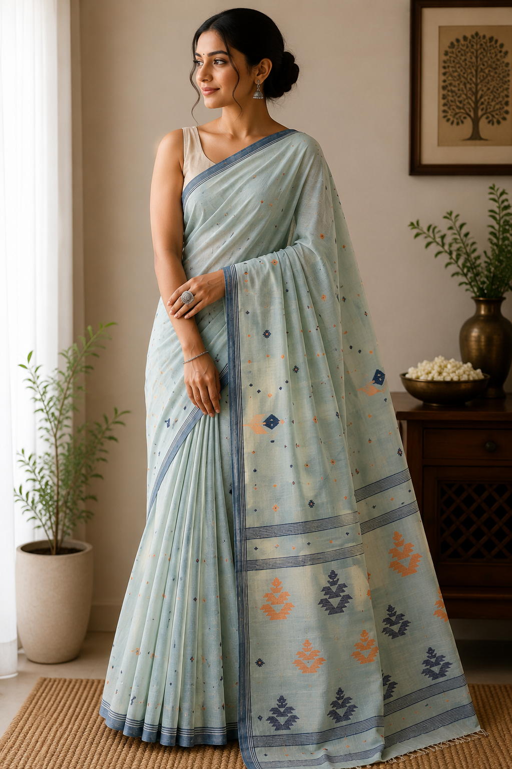 Cotton Khadi Saree - Powder Blue