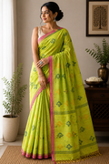Cotton Khadi Saree - Lime Green with Magenta Pink Border