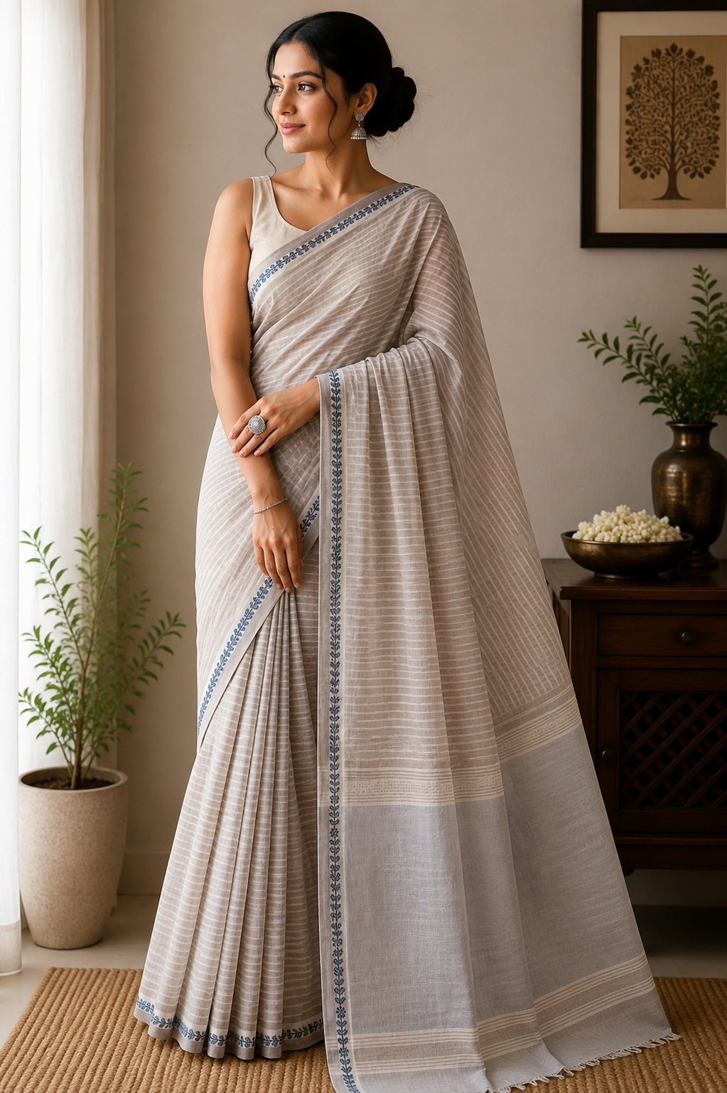Cotton Striped Khadi Saree - Warm Beige