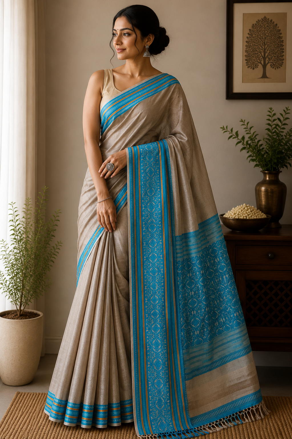 Tussar Silk Saree (Skirt Border) Natural Silver Grey Body