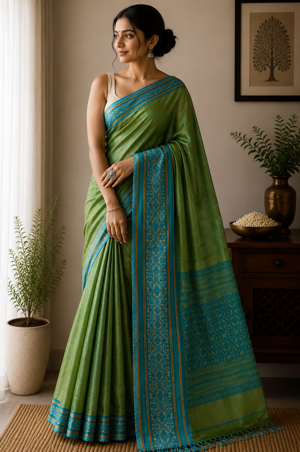 Tussar Silk Saree (Skirt Border) Leaf Green body