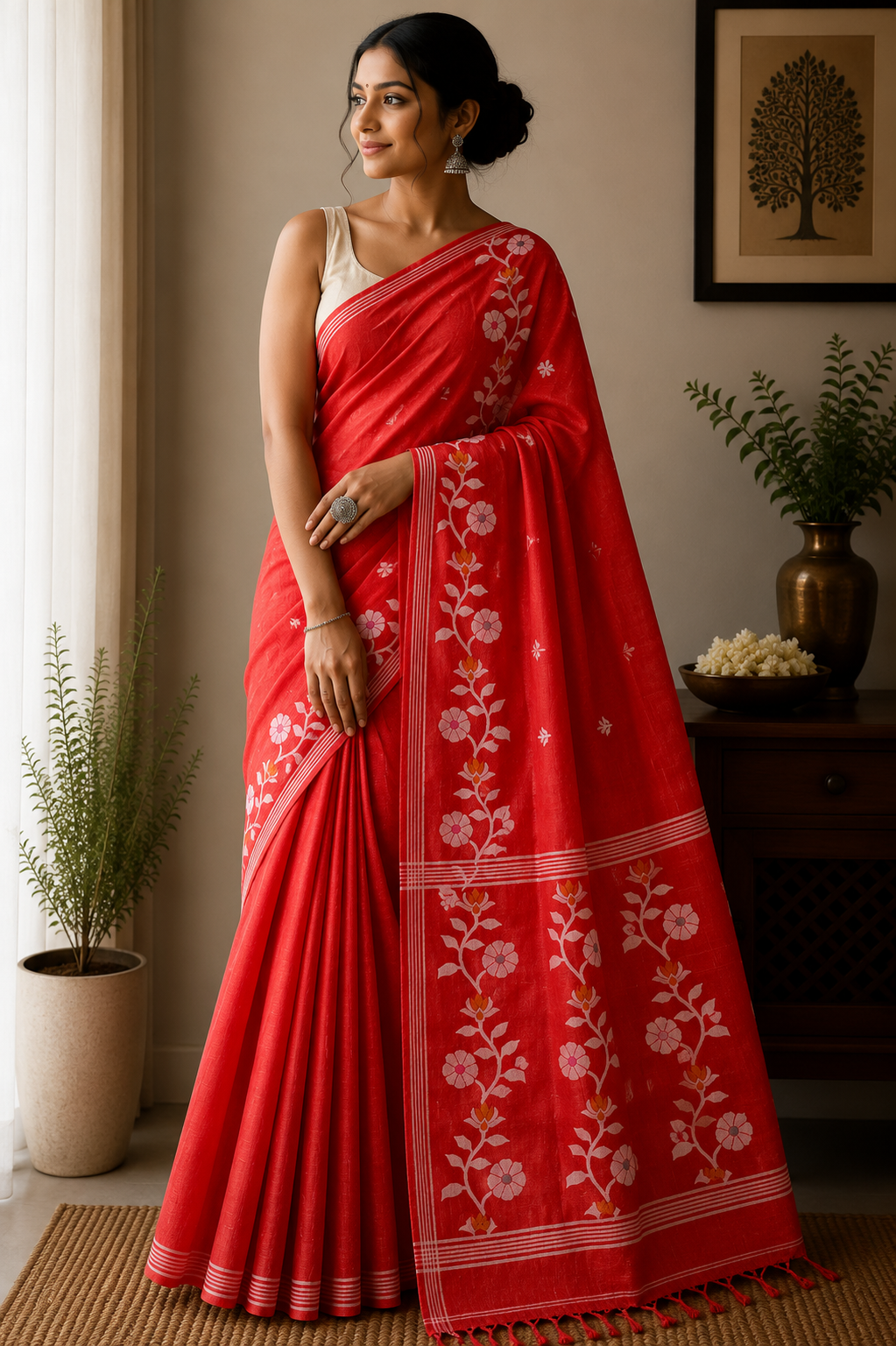 Pure Tussar Jamdani Silk Saree - Crimson Red