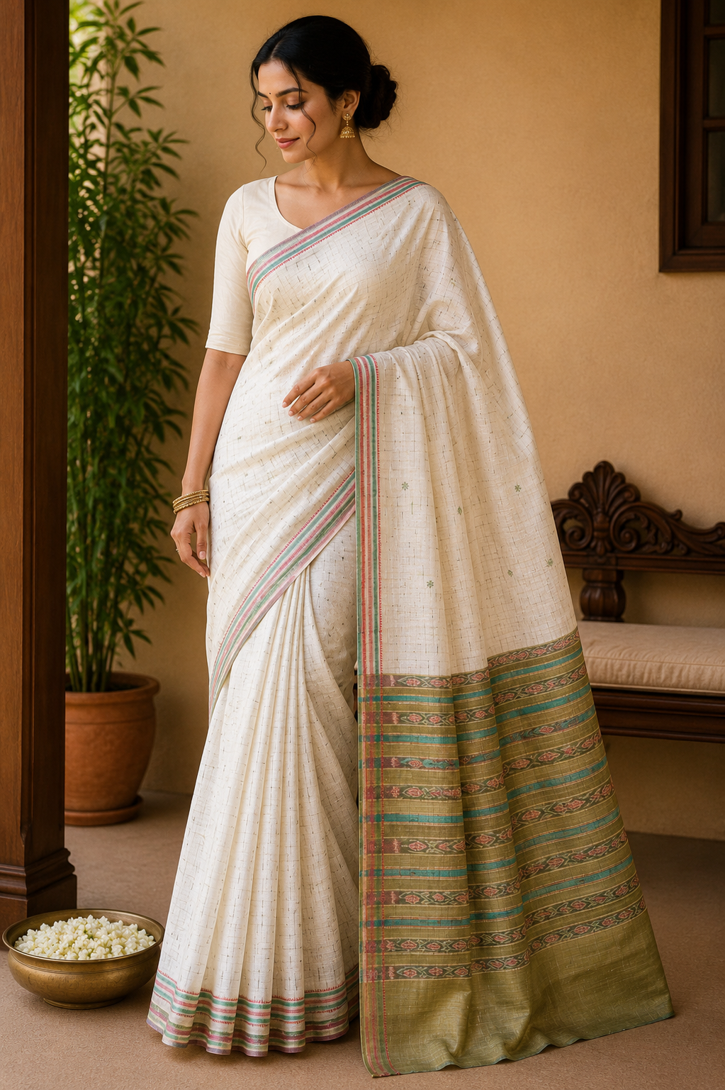 Tussar Silk Kotki Saree (Silk Mark Certified) - Natural Ivory with Olive Green