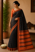 Bishnupuri Pure Silk Saree - Charcoal Black with Burnt Orange Border