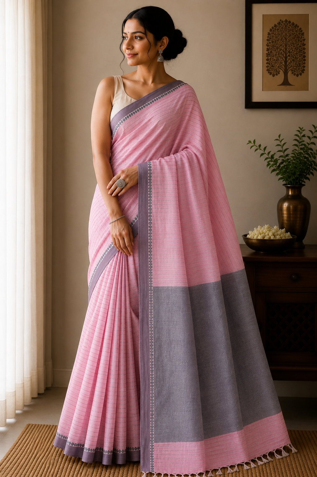 Cotton Striped Khadi Saree - Blush Pink